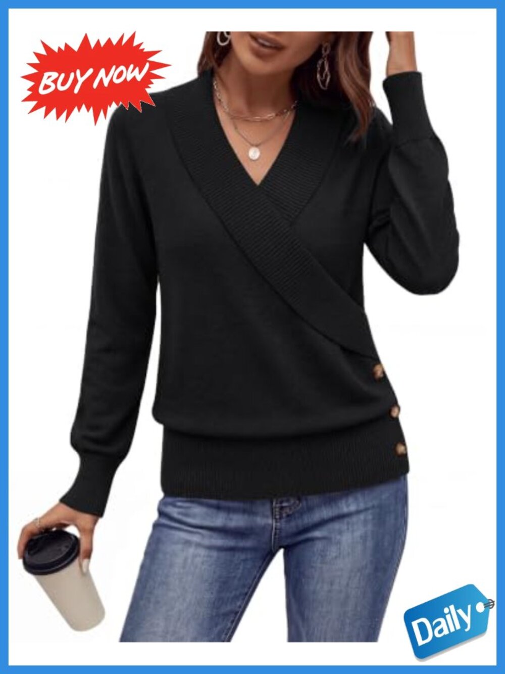 Womens V-Neck Long Sleeve Ribbed Knit Pullover Sweater Lightweight